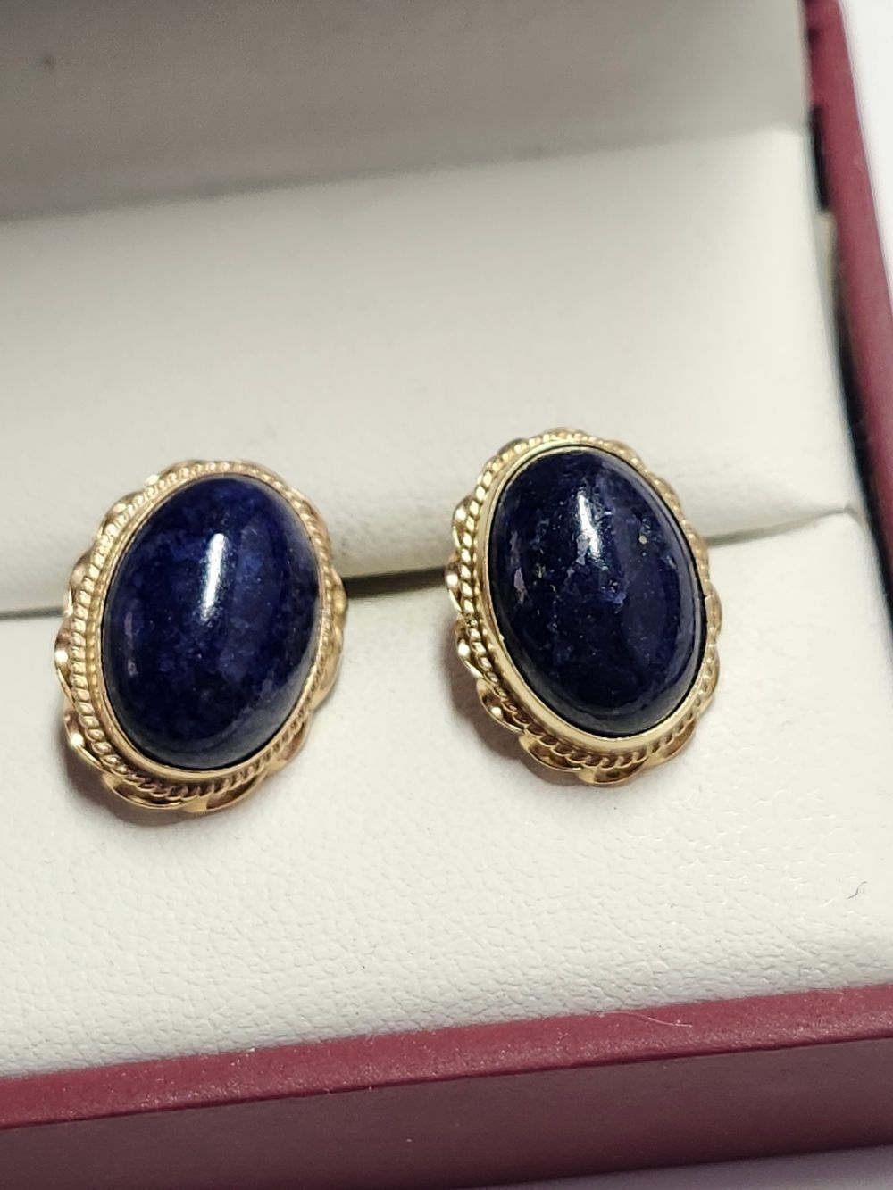 14K Gold Blue Oval Center Earrings